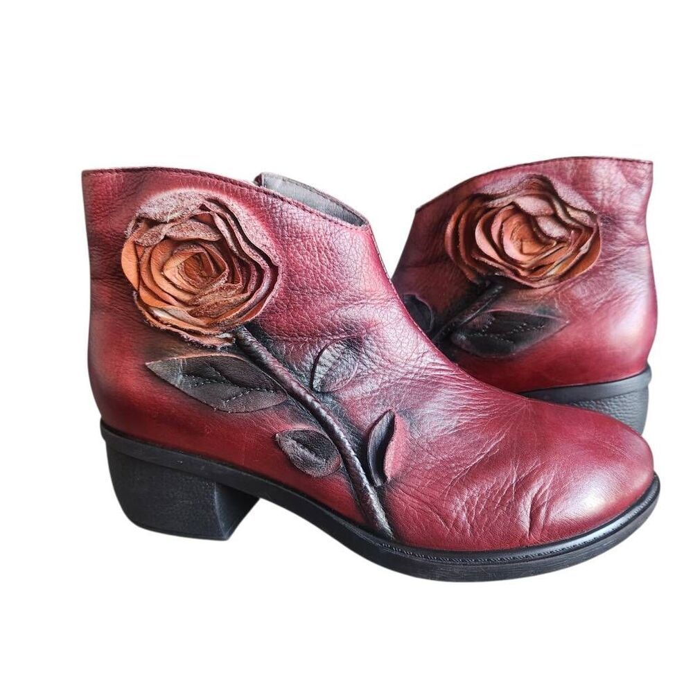Socofy Ankle Boots 39 US 8-8.5 Handmade Leather Boho Round Toe Floral Red